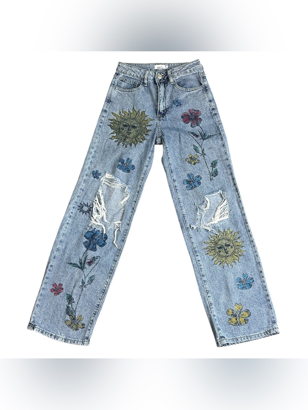 Rue21 Y2K Floral Sun Print Distressed Wide Leg Jeans Women’s Size 0